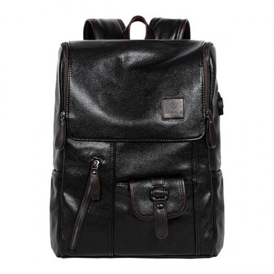 Men PU Leather Solid Vintage Large Capacity Backpack USB Charging Shoulder Bag Men PU Leather Solid Vintage Large Capacity Backpack USB Charging Shoulder Bag