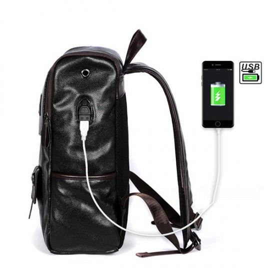 Men PU Leather Solid Vintage Large Capacity Backpack USB Charging Shoulder Bag Men PU Leather Solid Vintage Large Capacity Backpack USB Charging Shoulder Bag
