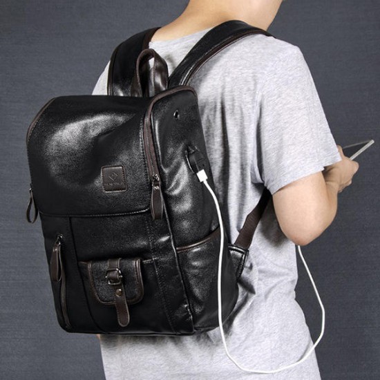 Men PU Leather Solid Vintage Large Capacity Backpack USB Charging Shoulder Bag Men PU Leather Solid Vintage Large Capacity Backpack USB Charging Shoulder Bag