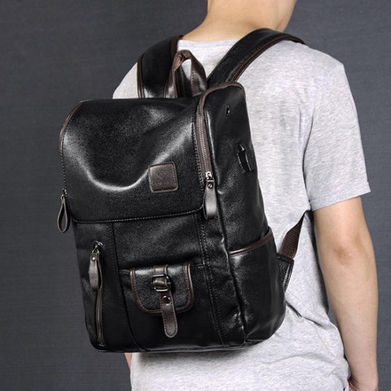 Men PU Leather Solid Vintage Large Capacity Backpack USB Charging Shoulder Bag Men PU Leather Solid Vintage Large Capacity Backpack USB Charging Shoulder Bag