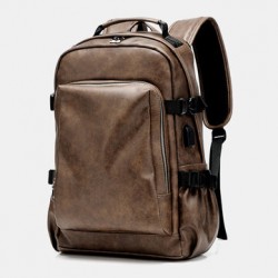 Men PU Leather USB Charging Business Casual Waterproof 14 Inch Laptop Bag Student School Bag Adjustable Backpack