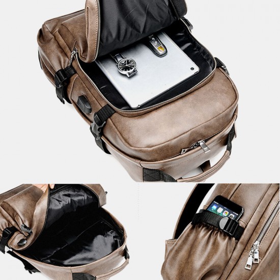Men PU Leather USB Charging Business Casual Waterproof 14 Inch Laptop Bag Student School Bag Adjustable Backpack Men PU Leather USB Charging Business Casual Waterproof 14 Inch Laptop Bag Student School Bag Adjustable Backpack