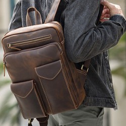 Men Genuine Leather Large Capacity Retro Casual Fashion 14 Inch Laptop Bag Travel Bag Business Backpack