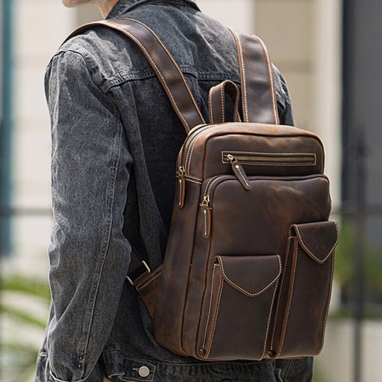 Men Genuine Leather Large Capacity Retro Casual Fashion 14 Inch Laptop Bag Travel Bag Business Backpack Men Genuine Leather Large Capacity Retro Casual Fashion 14 Inch Laptop Bag Travel Bag Business Backpack