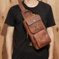 Men Genuine Leather Cowhide Retro Fashion Chest Bag Crossbody Bag Sling Bag