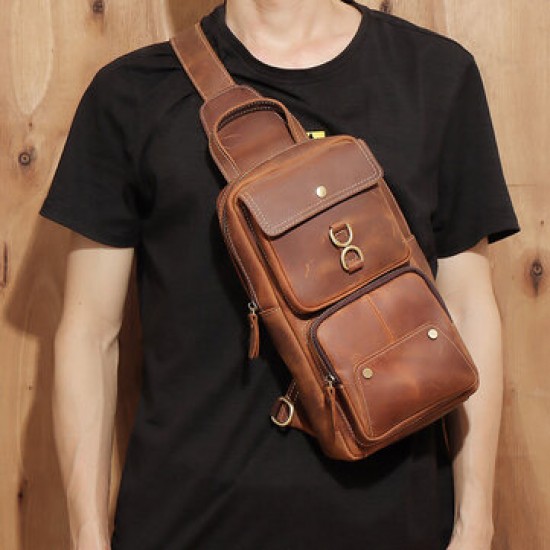 Men Genuine Leather Cowhide Retro Fashion Chest Bag Crossbody Bag Sling Bag Men Genuine Leather Cowhide Retro Fashion Chest Bag Crossbody Bag Sling Bag