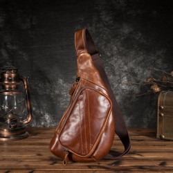 Men Genuine Leather Multi-Pocket Retro 9 Inch Large Capacity Waterproof Phone Chest Bags Crossbody Bag