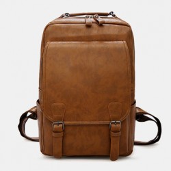 Men PU Leather Vintage Business Waterproof Wear-Resistant Large Capacity 15.6 Inch Laptop Bag Backpack