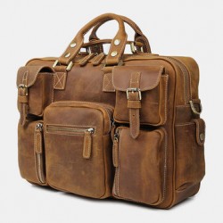 Men Genuine Leather Detachable Strap Large Multi-Pocket 15.6 Inch Laptop Bag Briefcase Messenger Bag Crossbody Bags