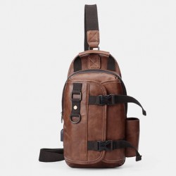 Men PU Leather Large Capacity Multifunction Headset Hole USB Charging Short Trip Sling Bags Crossbody Bag Chest Bag