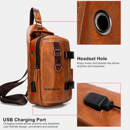 Men PU Leather Large Capacity Multifunction Headset Hole USB Charging Short Trip Sling Bags Crossbody Bag Chest Bag Men PU Leather Large Capacity Multifunction Headset Hole USB Charging Short Trip Sling Bags Crossbody Bag Chest Bag