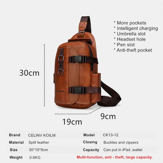 Men PU Leather Large Capacity Multifunction Headset Hole USB Charging Short Trip Sling Bags Crossbody Bag Chest Bag Men PU Leather Large Capacity Multifunction Headset Hole USB Charging Short Trip Sling Bags Crossbody Bag Chest Bag