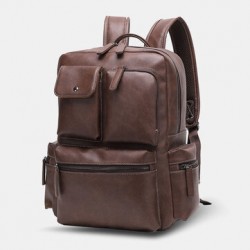 Men PU Leather Multi-pocket Breathable Backpack Retro Large Capacity 14 Inch Laptop Bag