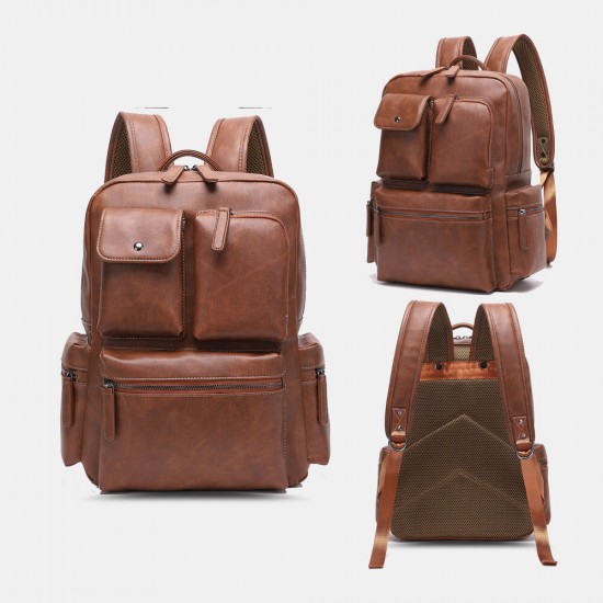 Men PU Leather Multi-pocket Breathable Backpack Retro Large Capacity 14 Inch Laptop Bag Men PU Leather Multi-pocket Breathable Backpack Retro Large Capacity 14 Inch Laptop Bag