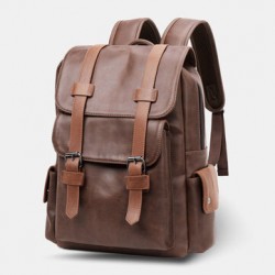 Men Vintage Large Capacity PU Leather Multi-pocket 14 Inch Laptop Bag Backpack