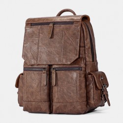 Men Stitching Large Capacity Waterproof PU Leather Backpack Retro Multi-pocket 15.6 Inch Laptop Bag