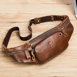 Men Genuine Leather Multifunctional Headphone Hole Vintage Phone Bag Waist Bag Chest Bag Crossbody Bag Shoulder Bag