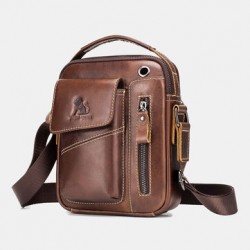 Men Genuine Leather Wear-resistant Headphone Hole Multi-pocket Vintage Crossbody Bag Shoulder Bag