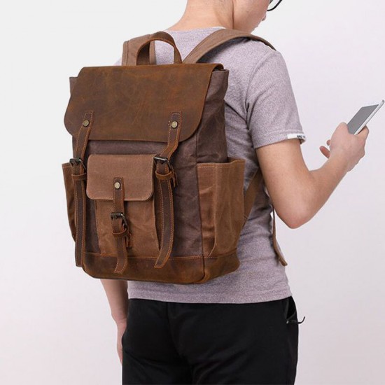 Men Oil Wax Canvas Multi-pocket Backpack Large Capacity Breathable Wear-resistant 14 Inch Laptop Bag Men Oil Wax Canvas Multi-pocket Backpack Large Capacity Breathable Wear-resistant 14 Inch Laptop Bag