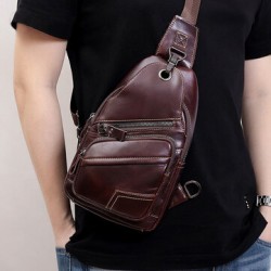 Men Genuine Leather Large Capacity Outdoor Casual Chest Bag Convertible Shoulder Strap Multi-pocket Shoulder Bag Crossbody Bag
