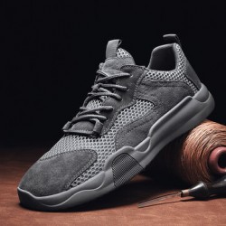 Men Genuine Leather Breathable Mesh Comfy Bottom Non Slip Casual Running Shoes