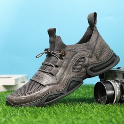 Men Leather Breathable Mesh Comfy Fabric Soft Bottom Elastic Band Casual Sports Shoes