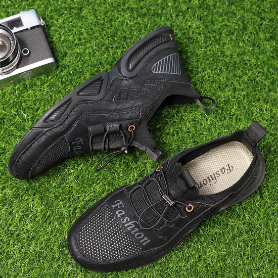 Men Leather Breathable Mesh Comfy Fabric Soft Bottom Elastic Band Casual Sports Shoes Men Leather Breathable Mesh Comfy Fabric Soft Bottom Elastic Band Casual Sports Shoes