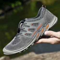 Men Genuine Leather Breathable Mesh Soft Bottom Non Slip Elastic Band Casual Sports Shoes