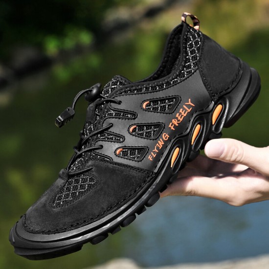 Men Genuine Leather Breathable Mesh Soft Bottom Non Slip Elastic Band Casual Sports Shoes Men Genuine Leather Breathable Mesh Soft Bottom Non Slip Elastic Band Casual Sports Shoes
