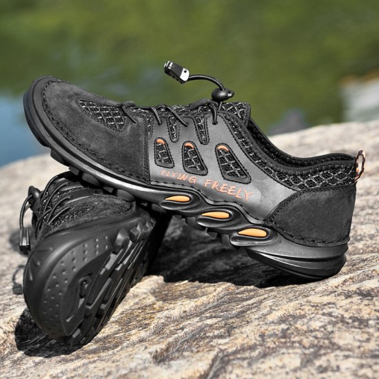 Men Genuine Leather Breathable Mesh Soft Bottom Non Slip Elastic Band Casual Sports Shoes Men Genuine Leather Breathable Mesh Soft Bottom Non Slip Elastic Band Casual Sports Shoes