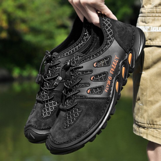 Men Genuine Leather Breathable Mesh Soft Bottom Non Slip Elastic Band Casual Sports Shoes Men Genuine Leather Breathable Mesh Soft Bottom Non Slip Elastic Band Casual Sports Shoes