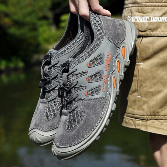 Men Genuine Leather Breathable Mesh Soft Bottom Non Slip Elastic Band Casual Sports Shoes Men Genuine Leather Breathable Mesh Soft Bottom Non Slip Elastic Band Casual Sports Shoes
