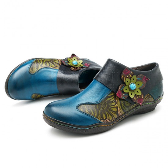 SOCOFY Printing Splicing Plant Pattern Hook Loop Flat Leather Shoes SOCOFY Printing Splicing Plant Pattern Hook Loop Flat Leather Shoes
