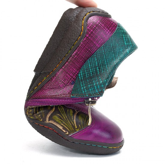 SOCOFY Printing Splicing Plant Pattern Hook Loop Flat Leather Shoes SOCOFY Printing Splicing Plant Pattern Hook Loop Flat Leather Shoes
