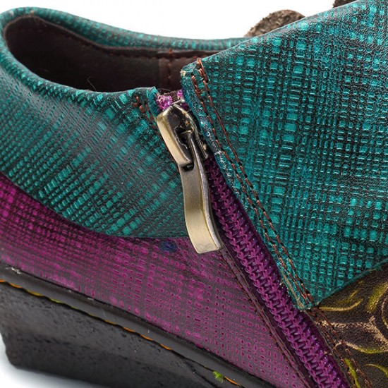 SOCOFY Printing Splicing Plant Pattern Hook Loop Flat Leather Shoes SOCOFY Printing Splicing Plant Pattern Hook Loop Flat Leather Shoes