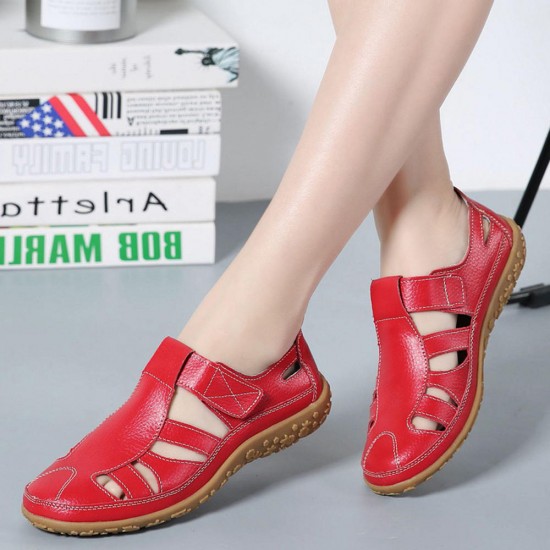Leather Hollow Soft Hook Loop Causal Flat Sandals Leather Hollow Soft Hook Loop Causal Flat Sandals