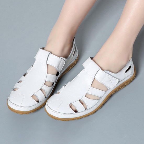 Leather Hollow Soft Hook Loop Causal Flat Sandals Leather Hollow Soft Hook Loop Causal Flat Sandals