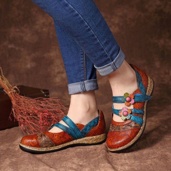 SOCOFY Hook Loop Genuine Leather Pattern Flat Sandals SOCOFY Hook Loop Genuine Leather Pattern Flat Sandals