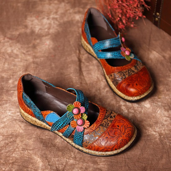 SOCOFY Hook Loop Genuine Leather Pattern Flat Sandals SOCOFY Hook Loop Genuine Leather Pattern Flat Sandals