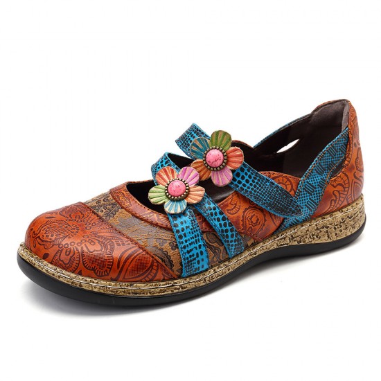 SOCOFY Hook Loop Genuine Leather Pattern Flat Sandals SOCOFY Hook Loop Genuine Leather Pattern Flat Sandals