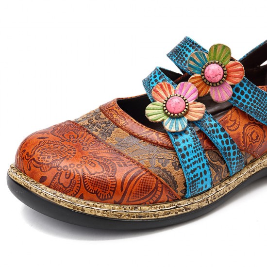 SOCOFY Hook Loop Genuine Leather Pattern Flat Sandals SOCOFY Hook Loop Genuine Leather Pattern Flat Sandals