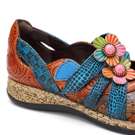 SOCOFY Hook Loop Genuine Leather Pattern Flat Sandals SOCOFY Hook Loop Genuine Leather Pattern Flat Sandals