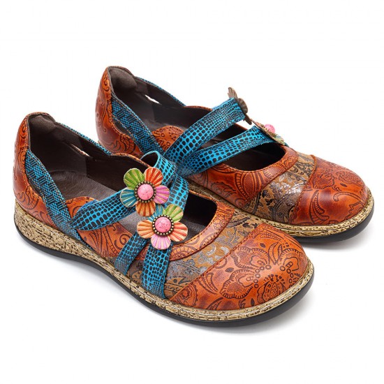 SOCOFY Hook Loop Genuine Leather Pattern Flat Sandals SOCOFY Hook Loop Genuine Leather Pattern Flat Sandals