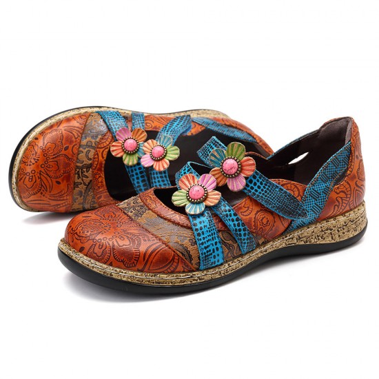 SOCOFY Hook Loop Genuine Leather Pattern Flat Sandals SOCOFY Hook Loop Genuine Leather Pattern Flat Sandals