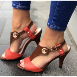 Women Plus Size Color Splicing Peep Toe Casual Summer Heeled Sandals