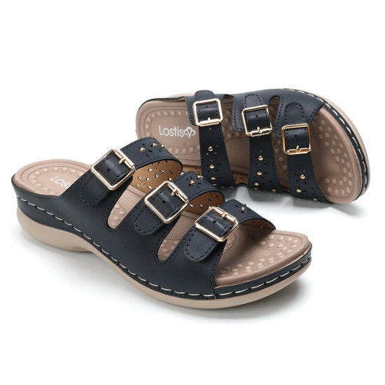 LOSTISY Women Opened Toe Buckle Beach Wedges Casual Slide Sandals LOSTISY Women Opened Toe Buckle Beach Wedges Casual Slide Sandals