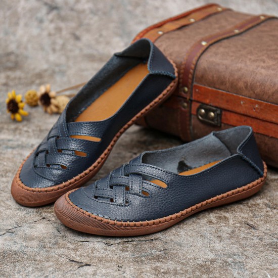 Women Genuine Leather Breathable Plus Size Hollow Spring Casual Flats Loafers Women Genuine Leather Breathable Plus Size Hollow Spring Casual Flats Loafers