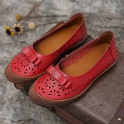 Women Plus Size Genuine Leather Breathable Hollow Out Slip On Casual Flats Loafers
