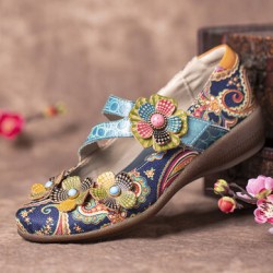 SOCOFY Retro Splicing Flowers Pattern Flat Hook Loop Leather Shoes