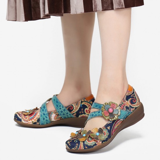 SOCOFY Retro Splicing Flowers Pattern Flat Hook Loop Leather Shoes SOCOFY Retro Splicing Flowers Pattern Flat Hook Loop Leather Shoes